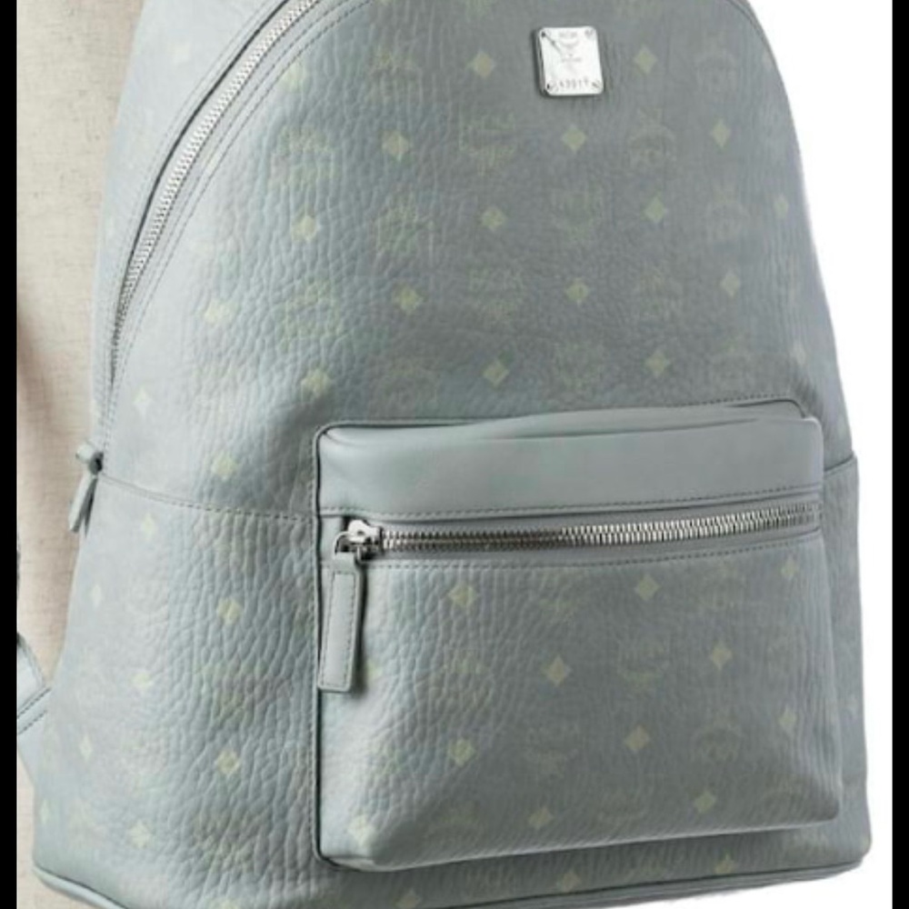 MCM Pale Blue Monogram Leather Backpack